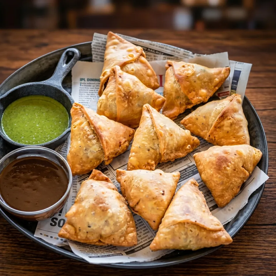 The Butter Kitchen Samosas Sherwood Park - crispy flaky pastry stuffed with spiced potatoes and peas served with chutneys